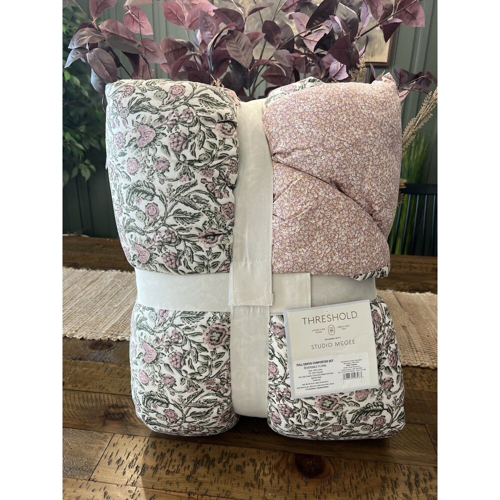 3pc Full/Queen Reversible Floral Comforter Set Pink/Green- Threshold